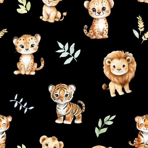 Adorable Baby Jungle Animals with Leaves on Black Background