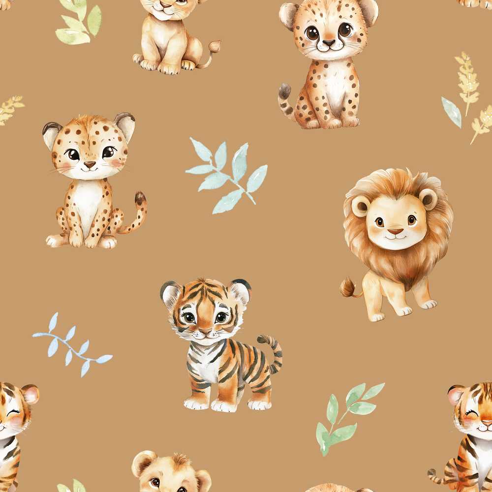 Cute Baby Jungle Animals with Leaves on Warm Tan Background