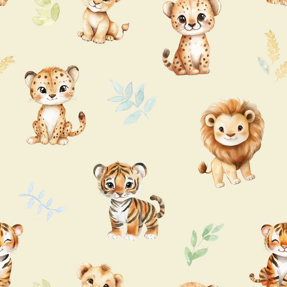 Cute Baby Jungle Animals with Leaves on Light Olive Background