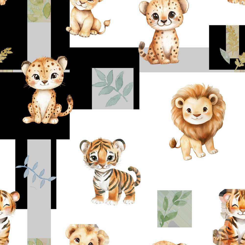 Cute Baby Jungle Animals with Leaves on Cream Beige Background