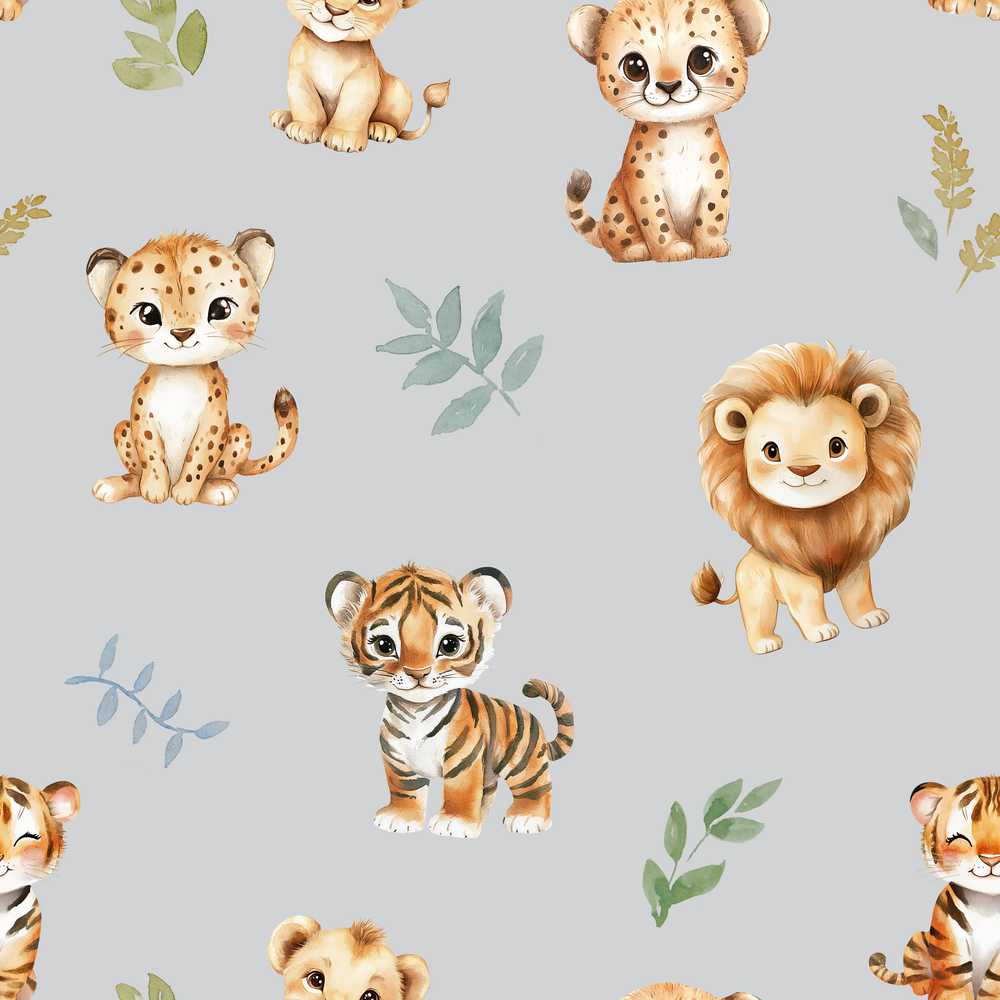 Cute Baby Jungle Animals with Leaves on Light Grey Background