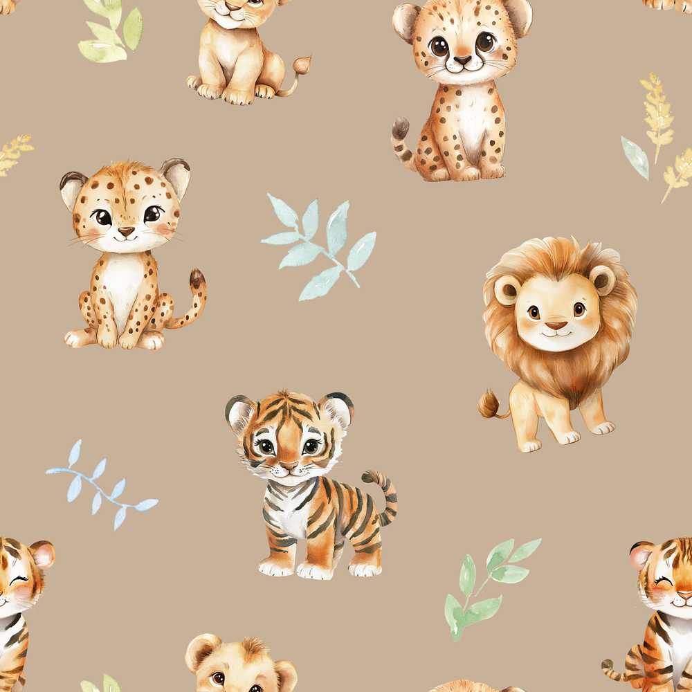 Cute Baby Jungle Animals with Leaves on Warm Beige Background
