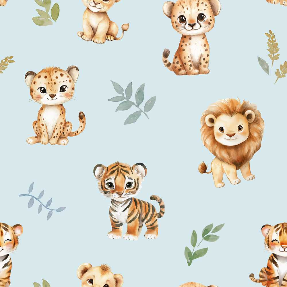 Cute Baby Jungle Animals with Leaves on Soft Blue Background