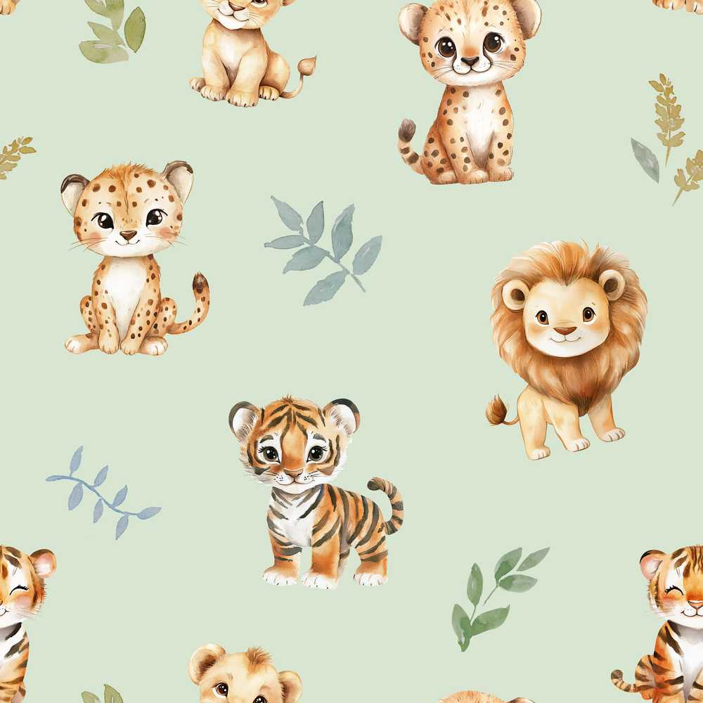 Cute Baby Jungle Animals with Leaves on Sage Green Background
