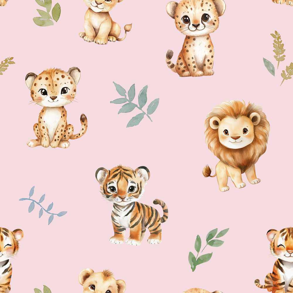 Cute Baby Jungle Animals with Leaves on Dusty Rose Background