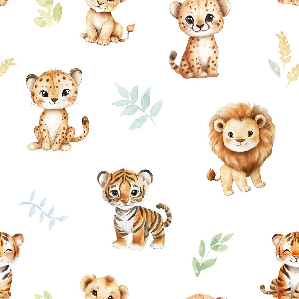 Cute Baby Jungle Animals with Leaves on Soft Grey Background