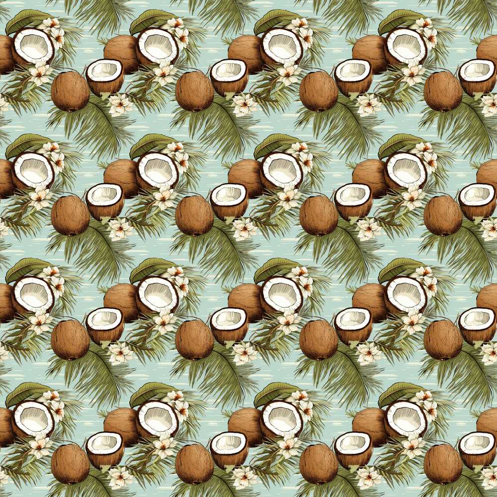 Tropical Coconuts Palm Leaves and White Flowers on Soft Blue