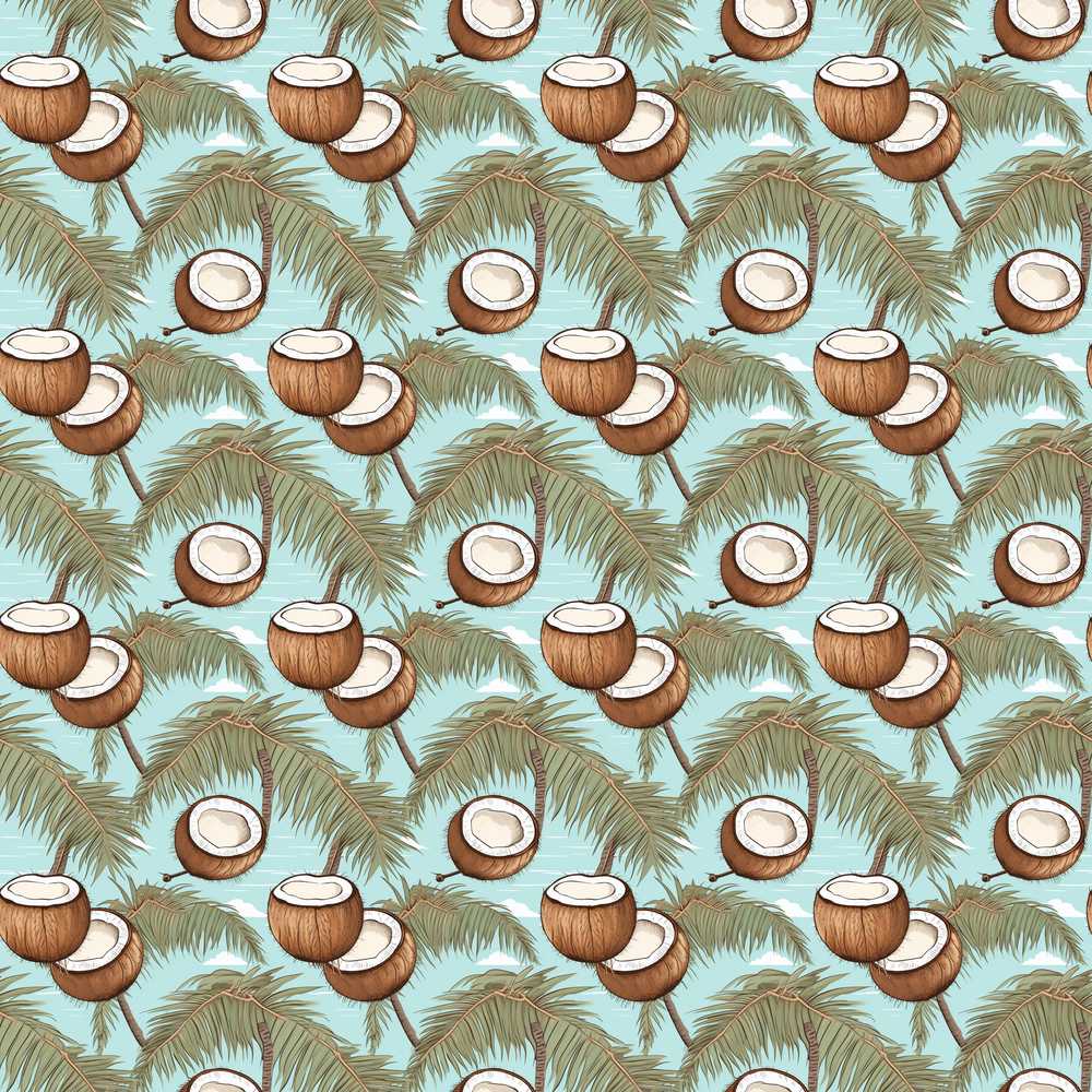 Coastal Coconut Palm Tree Illustration on Sky Blue Beach Scene