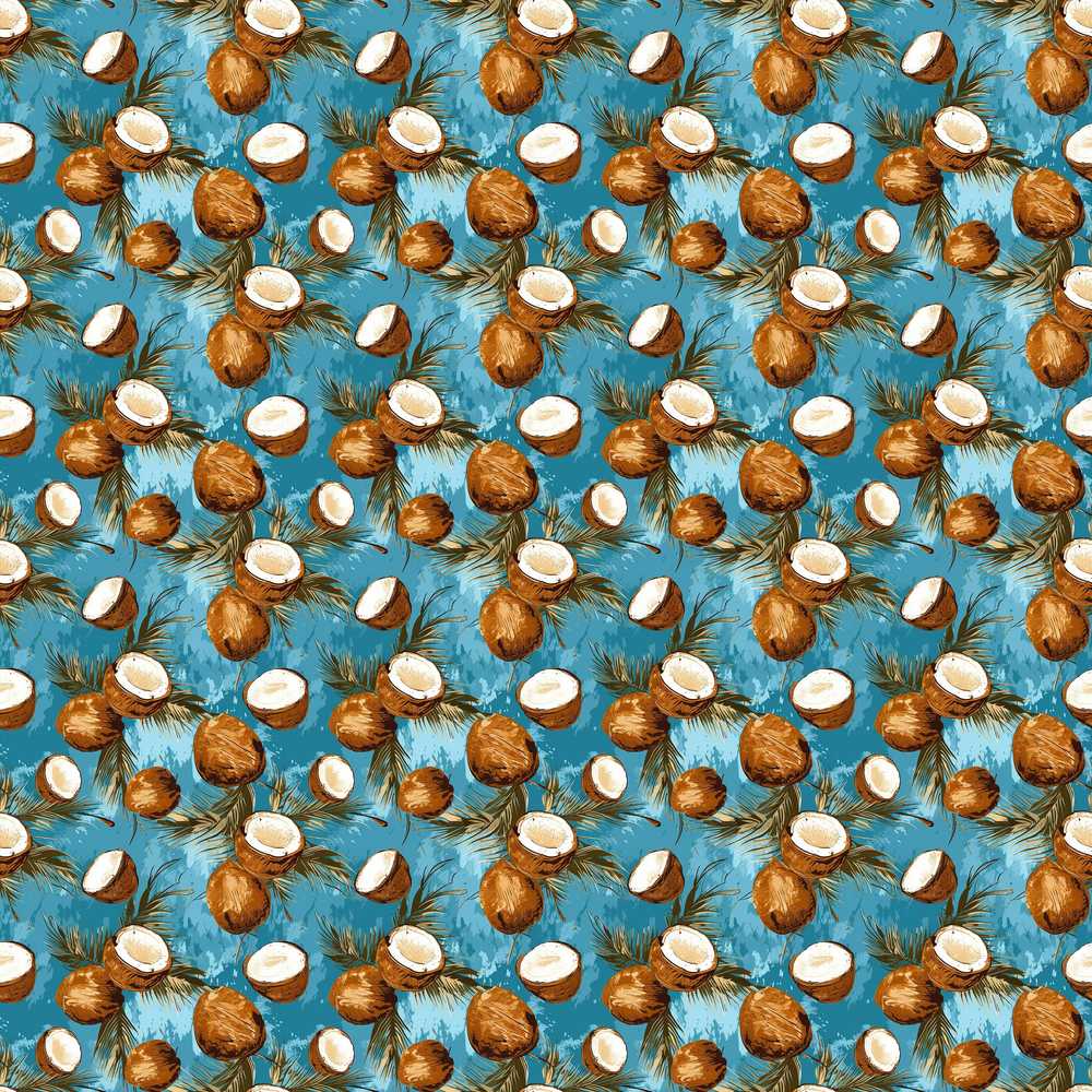 Painterly Coconut Cluster with Palm Leaves on Deep Blue Textured