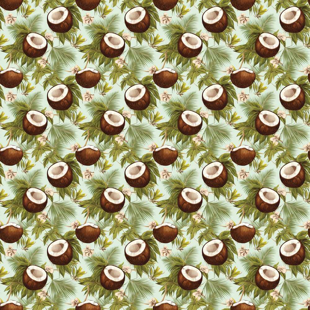 Fresh Coconut and Tropical Leaves with Flowers on Light Green