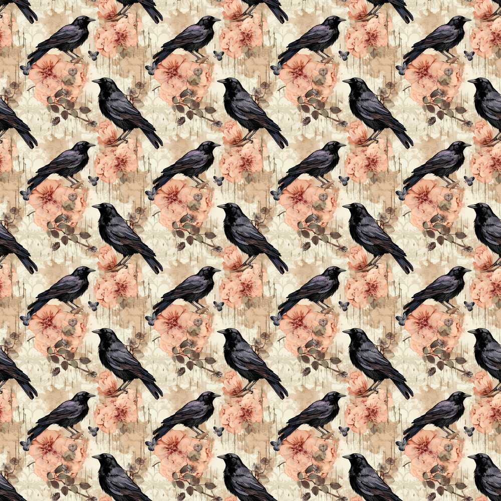 Crow Birds with Grunge Orange Background Decorative Repeat