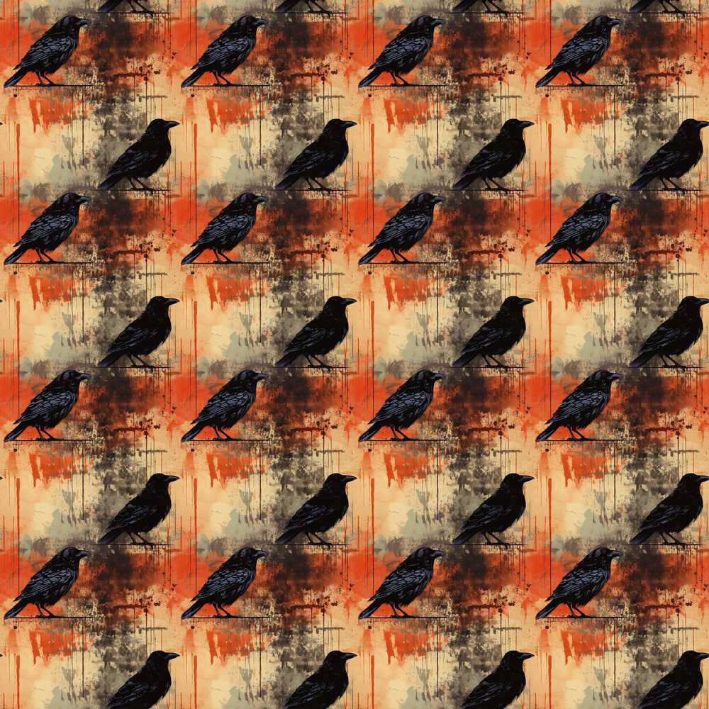 Grunge Gothic Raven with Black Crows on Distressed Orange and