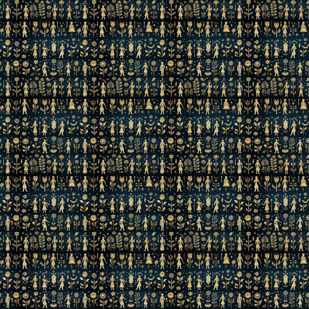 Gold Botanical Folk Art Figures on Dark Background Elegant