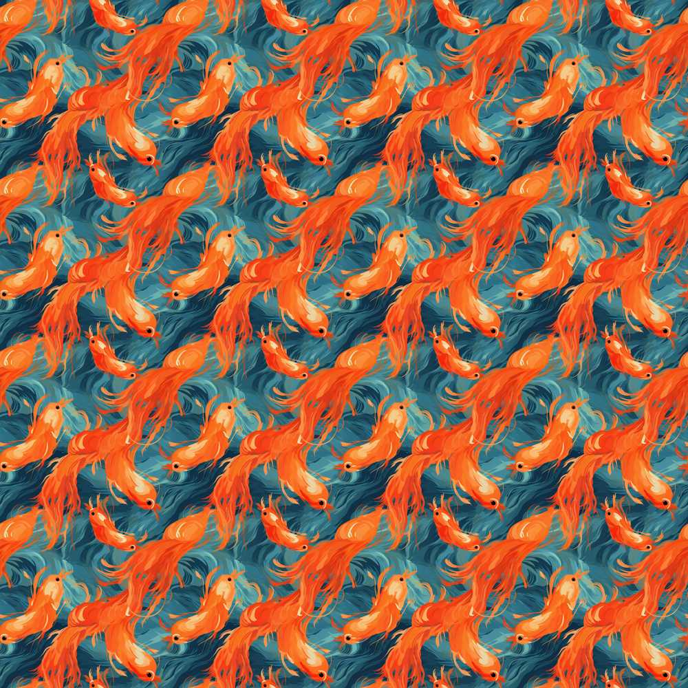 Cute Painterly Orange Shrimp with Flowing Ocean Waves