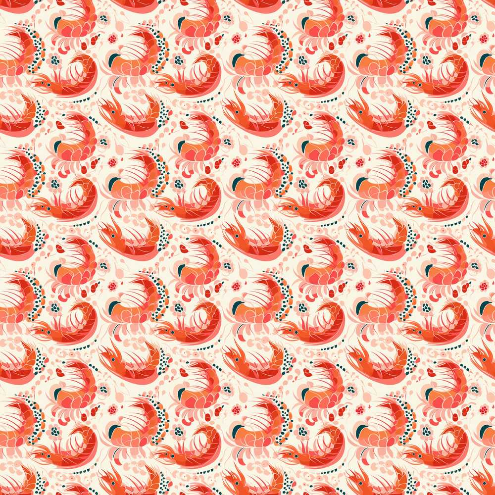 Stylised Coral Shrimp with Floral Elements Wildflower Pattern Botanical