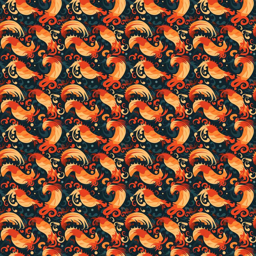 Ornate Orange Shrimp with Decorative Swirls Dark Repeat