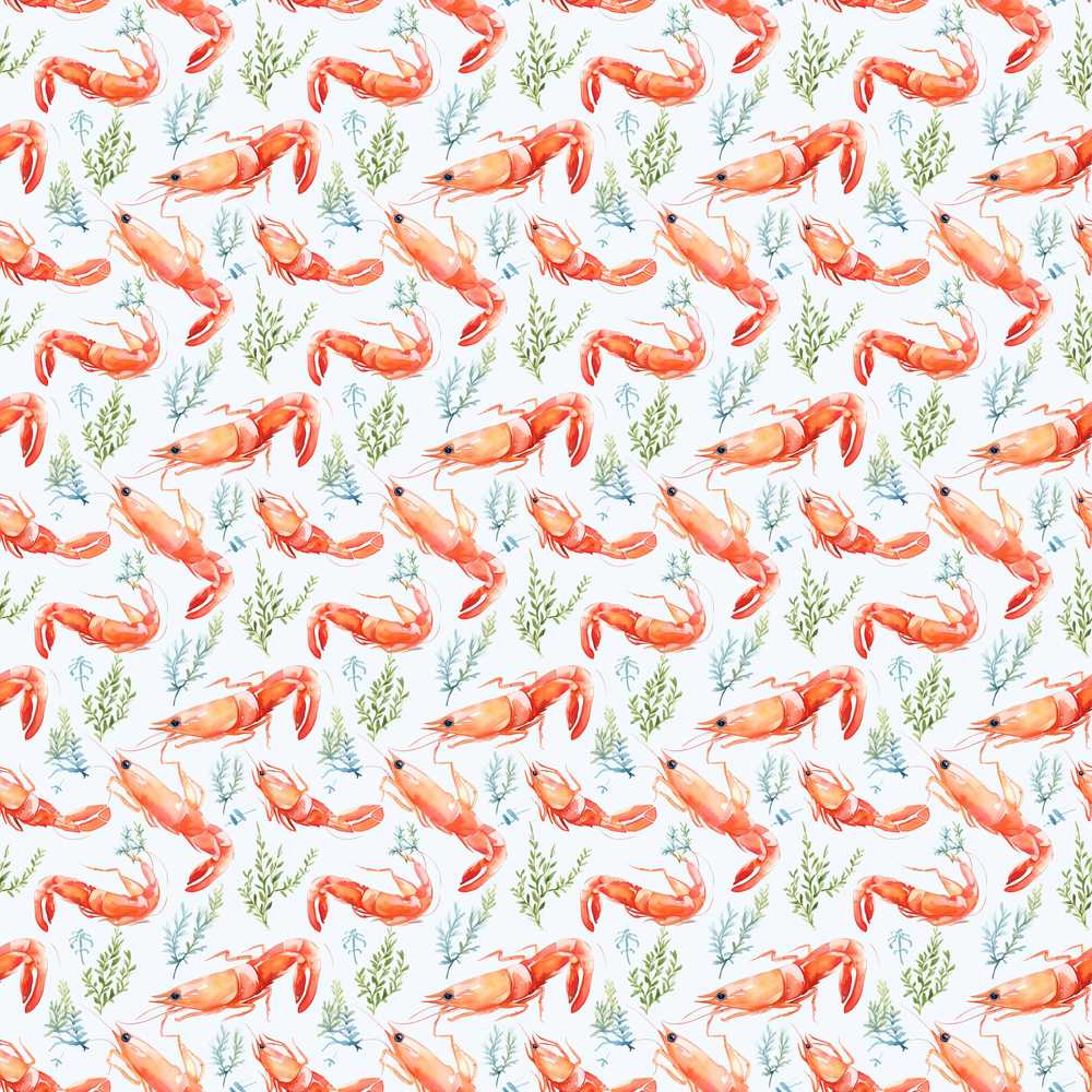 Watercolour Prawn and Seaweed Coastal Illustration Pattern Design
