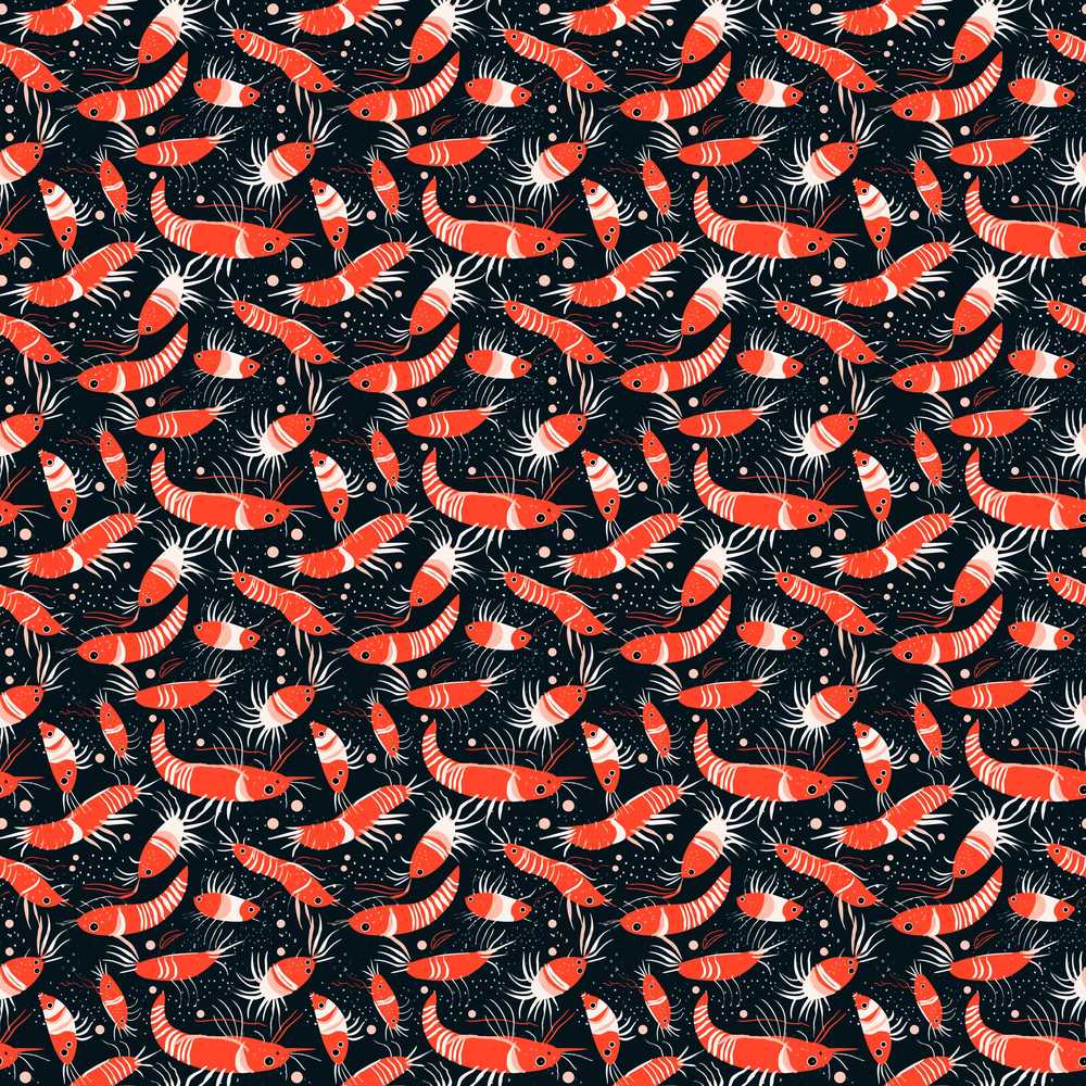 Graphic Red Shrimp on Dark Ocean Background Coastal