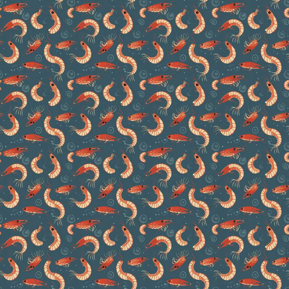 Playful Red Shrimp on Teal Ocean Coastal Illustration