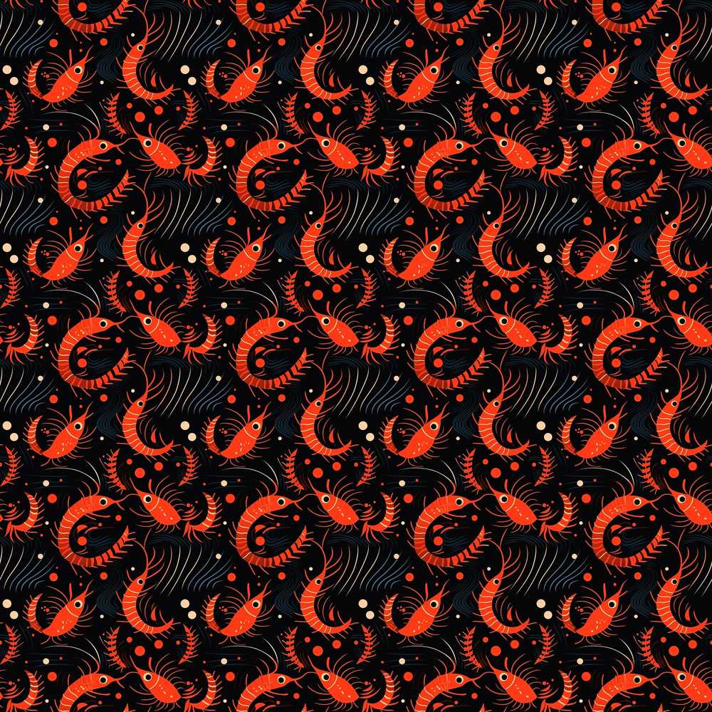 Bold Red Shrimp on Black with Flowing Ocean Lines