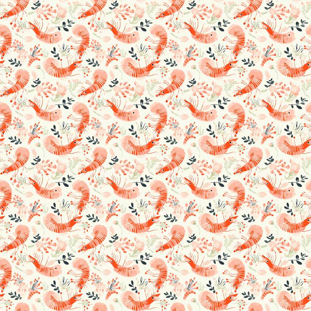 Coral Shrimp with Delicate Floral Elements Wildflower Pattern Botanical