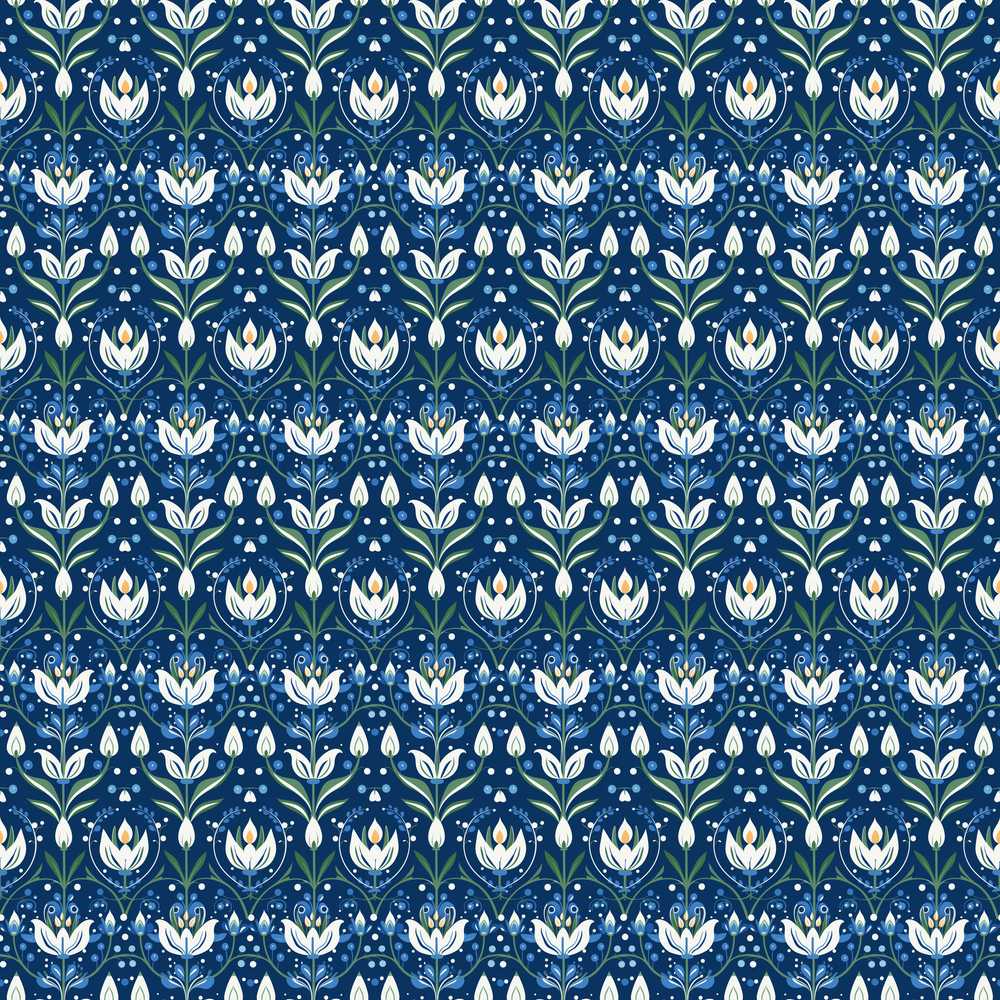 Symmetrical Blue Floral Folk Art with White Blooms Wildflower
