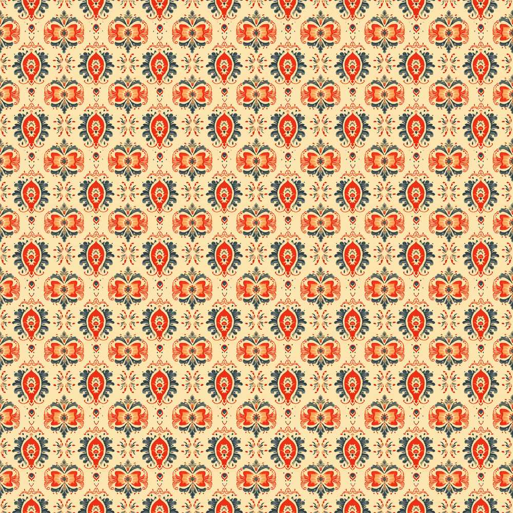 Ornamental Folk Floral Tile in Red Blue and Cream