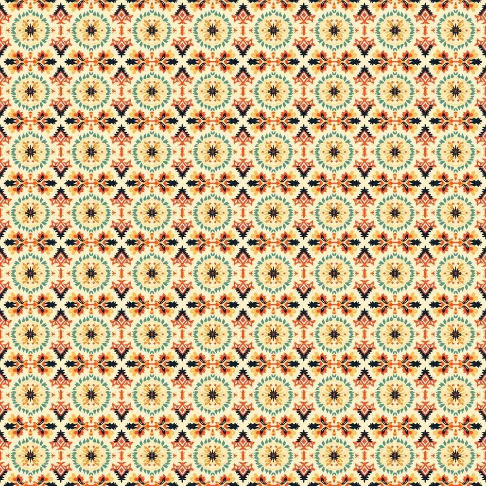 Vintage Folk Floral Medallion in Coral Teal and Mustard