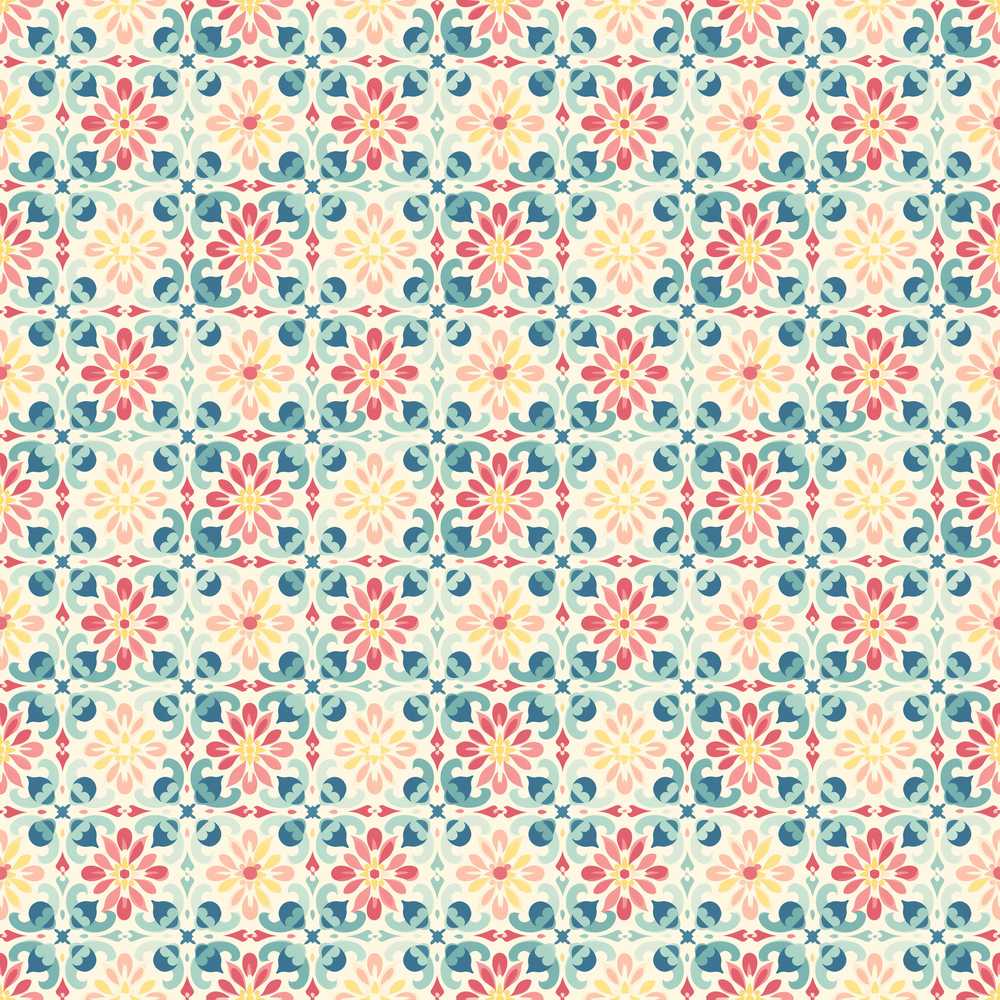 Pastel Floral Tile in Coral Blue and Yellow on Soft