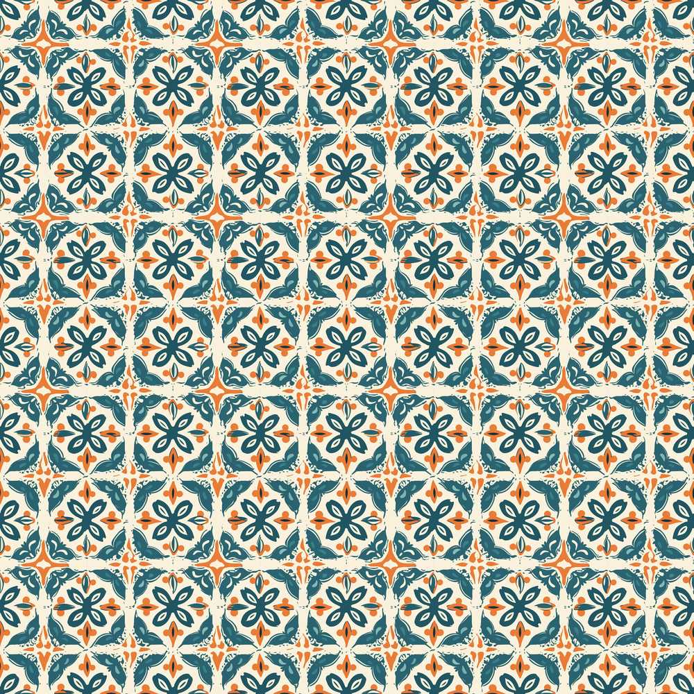 Geometric Floral Tile in Teal and Burnt Orange on Neutral