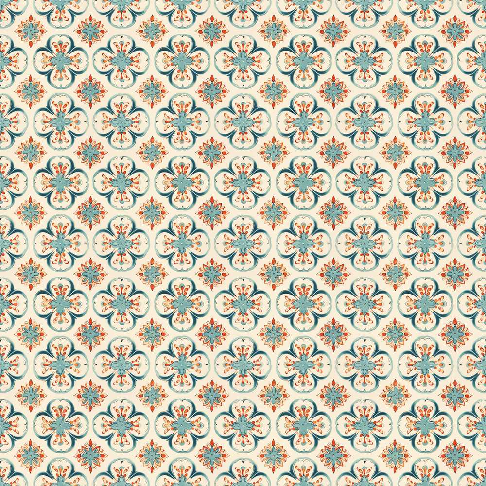 Soft Teal Floral Tile with Coral Accents on Neutral Background