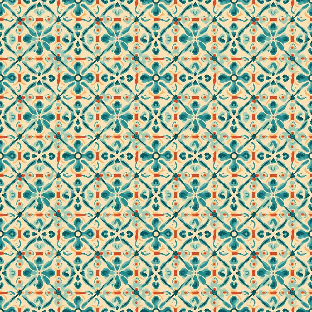 Teal and Coral Geometric Floral Tile on Warm Cream Background