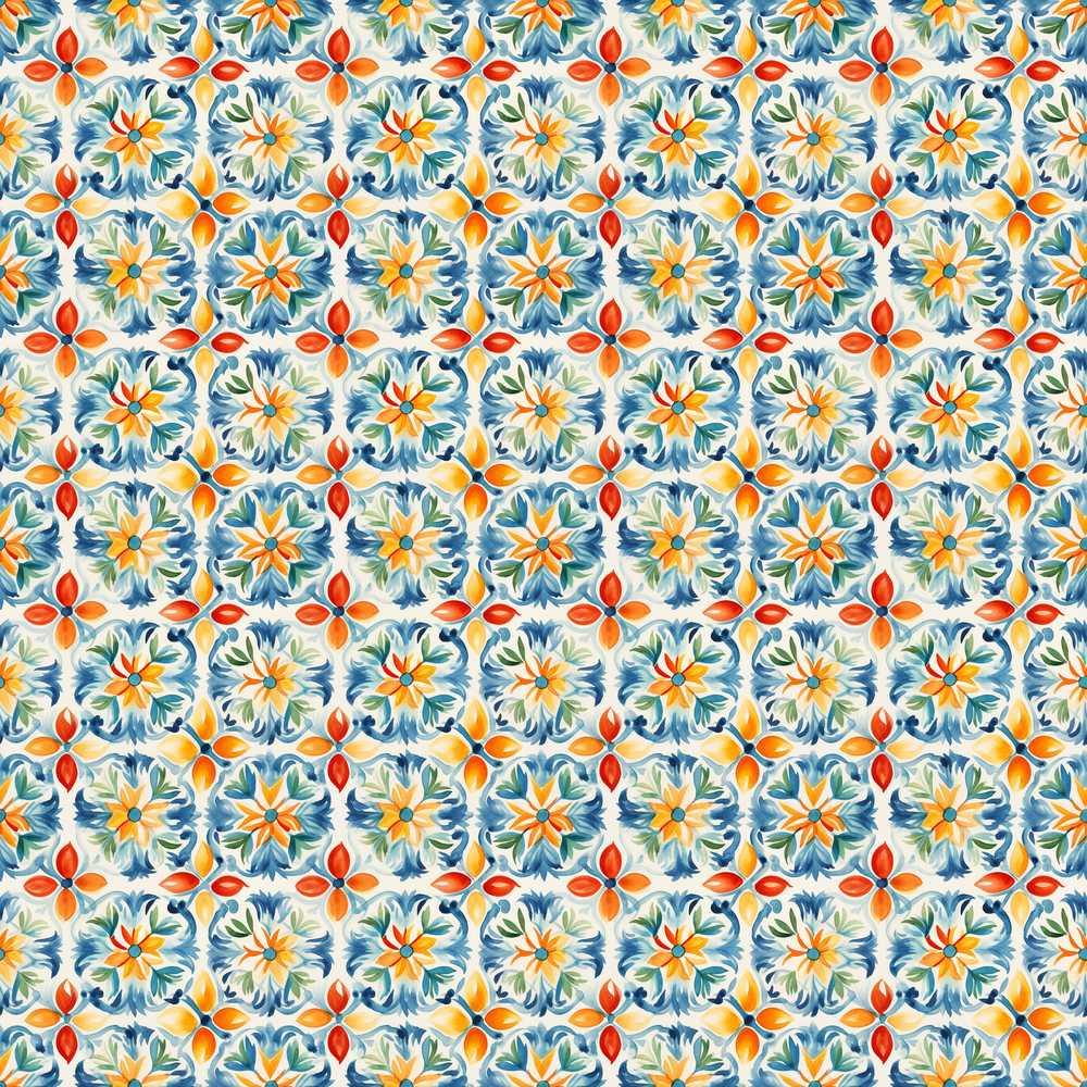 Vibrant Watercolour Floral Tile in Blue Orange and Yellow Tones