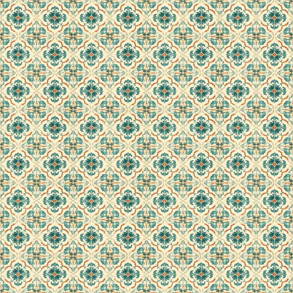 Teal and Cream Ornamental Floral Tile with Subtle Orange Accents
