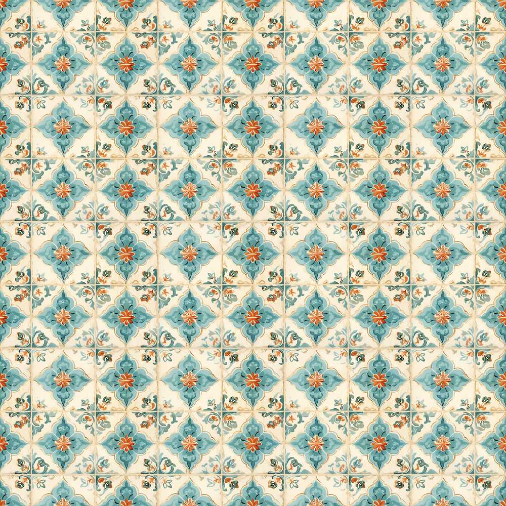 Soft Aqua Blue Vintage Tile with Orange Floral Centres