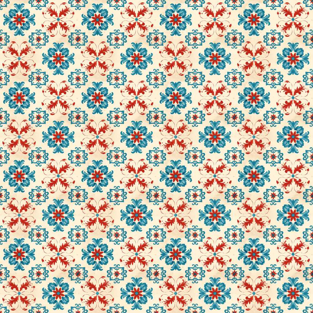 Teal and Red Folk Floral Tile with Motifs on Warm