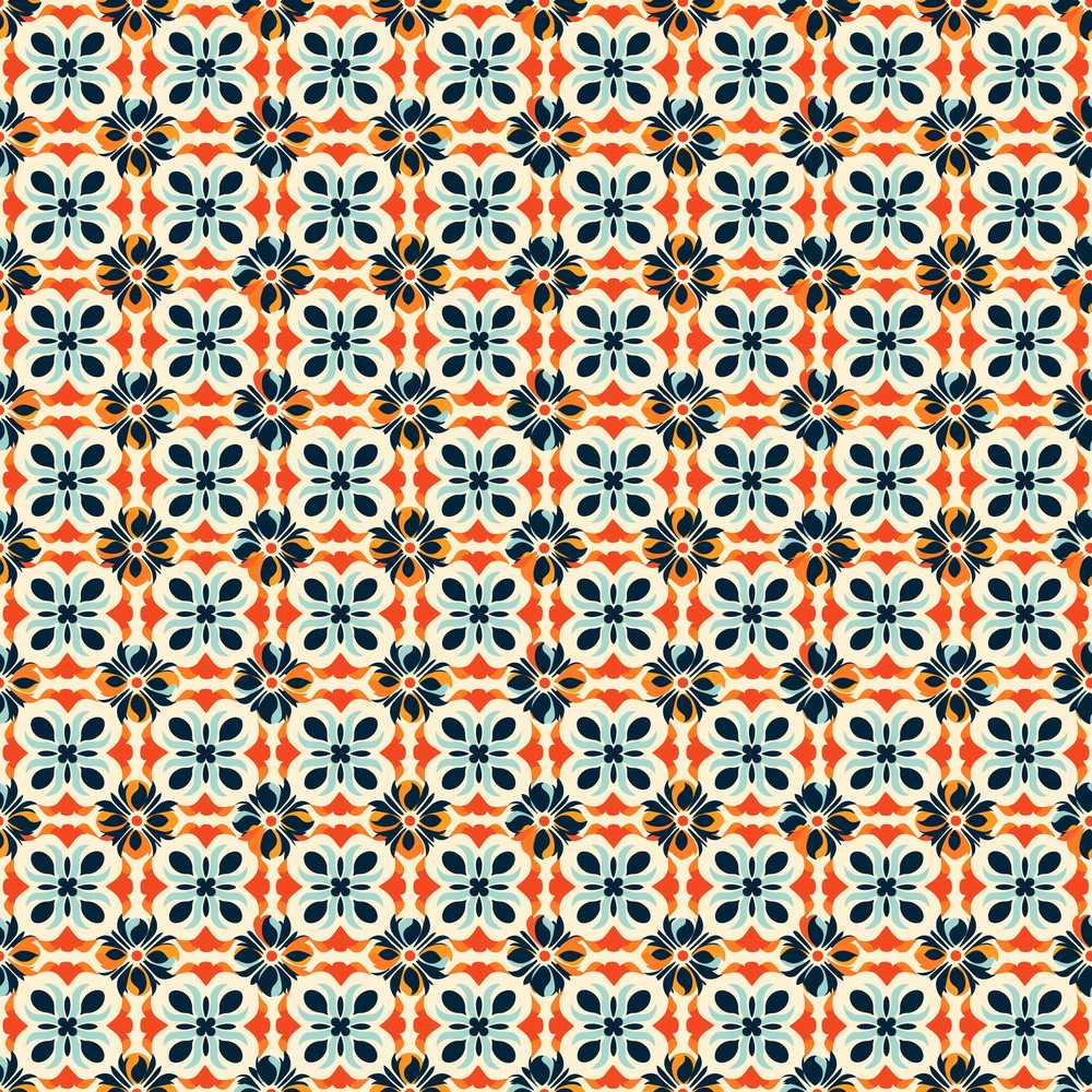 Bold Floral Tile in Navy, Orange and Cream with Symmetrical