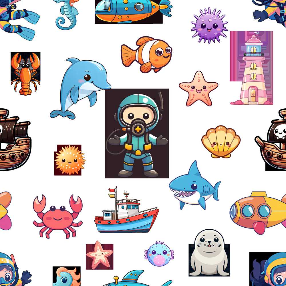 Cartoon Ocean with various sea CreaturesSea Creatures on Clean White