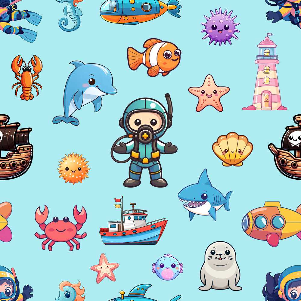 Cartoon Ocean with various sea Creatures Sea Creatures on Aqua