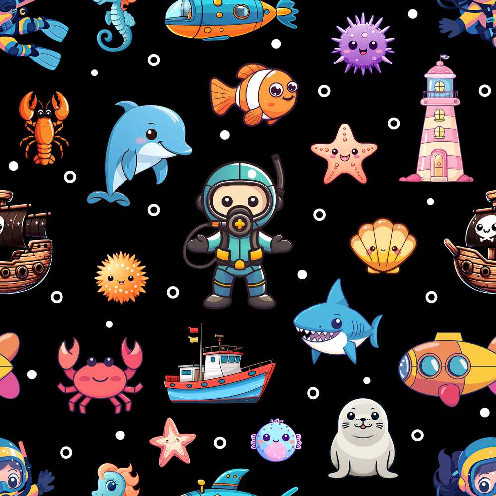 Cartoon Ocean with Various Sea Creatures on Black Bubble Background