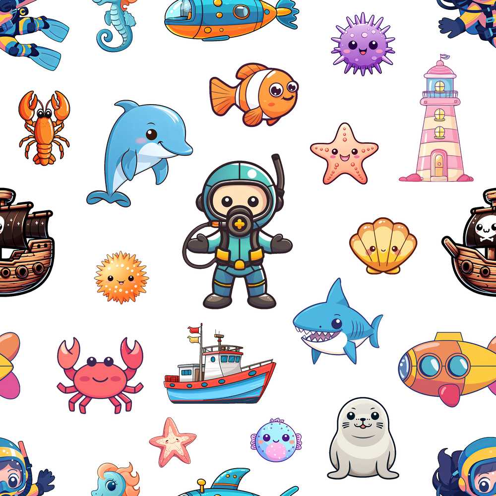 Cartoon Ocean with Various Sea Creatures on Light Grey Background