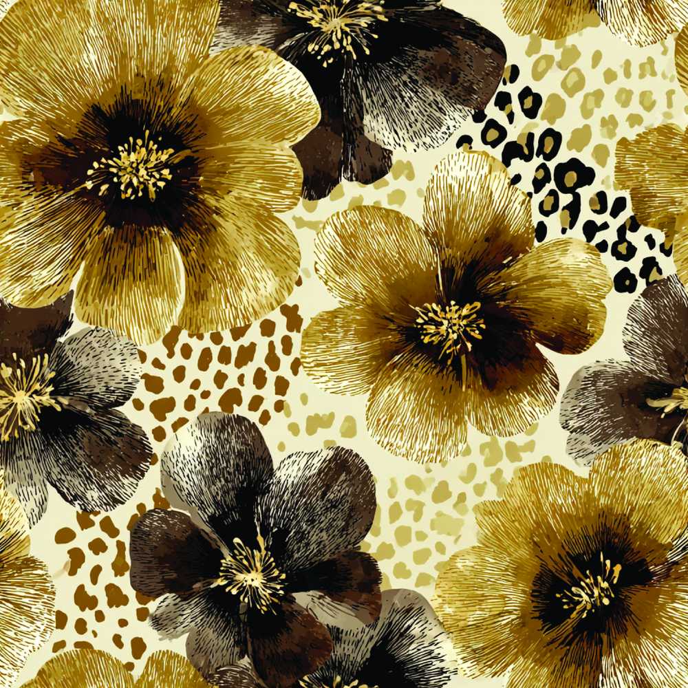 Warm Gold and Brown Floral with Abstract Leopard Spots Textile