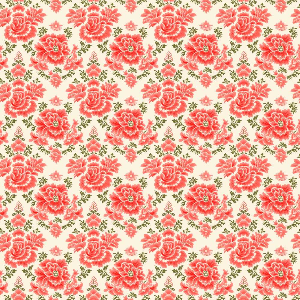 Vintage Coral Peony Floral with Olive Green Leaves on Cream