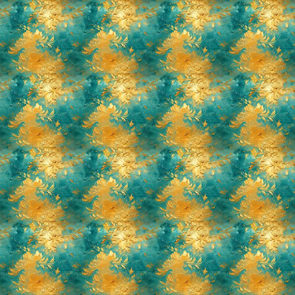 Teal and Gold Abstract Floral Swirl with Painterly Texture