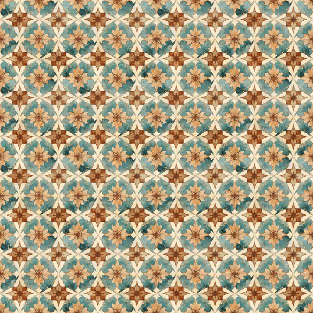 Vintage Teal and Brown Floral Tile with Ornate Geometric
