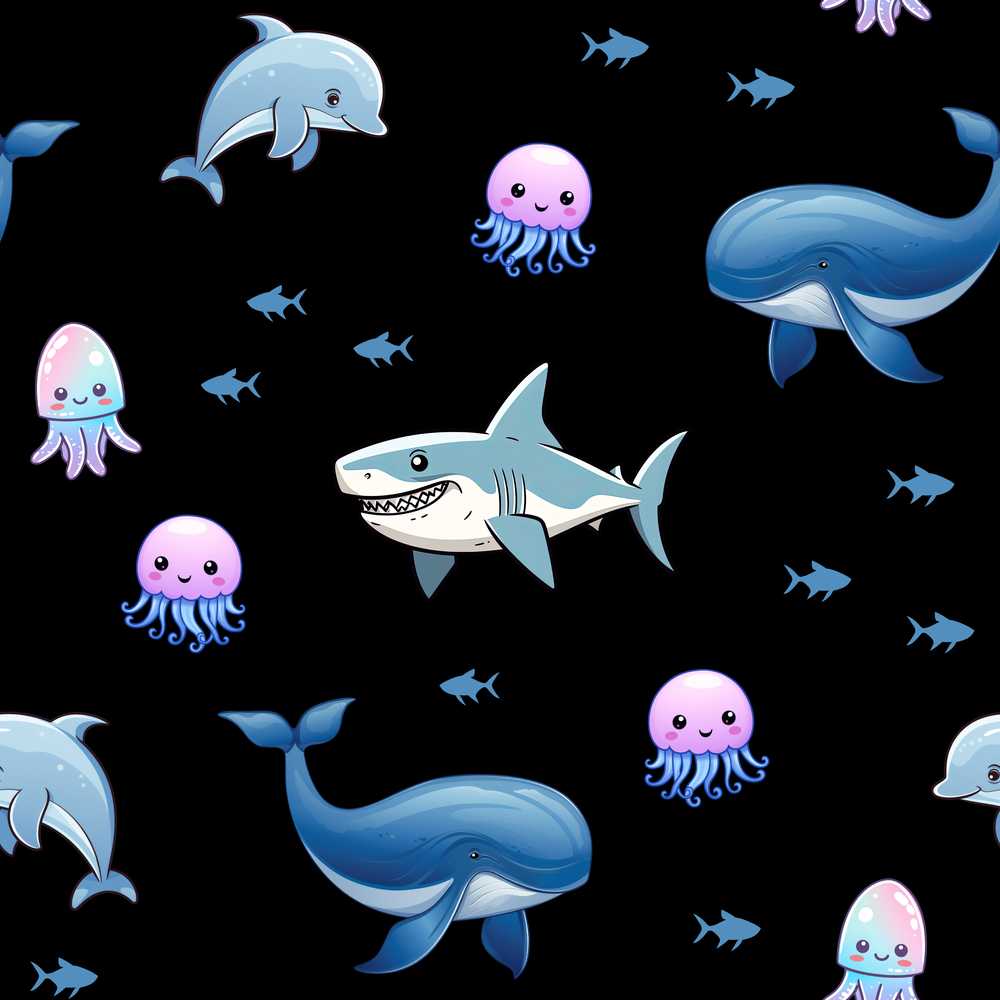 Cute Dolphin Shark and Jellyfish Ocean Animals Black Background Seamless