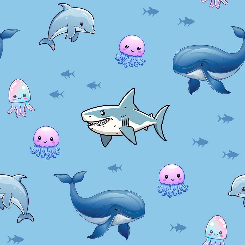 Cute Dolphin Shark and Jellyfish Ocean Animals Blue Background