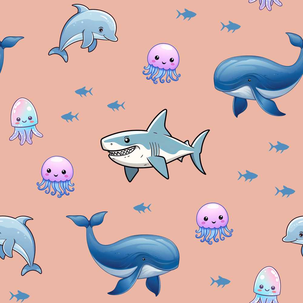 Cute Dolphin Shark and Jellyfish Ocean Animals Peach Background Seamless
