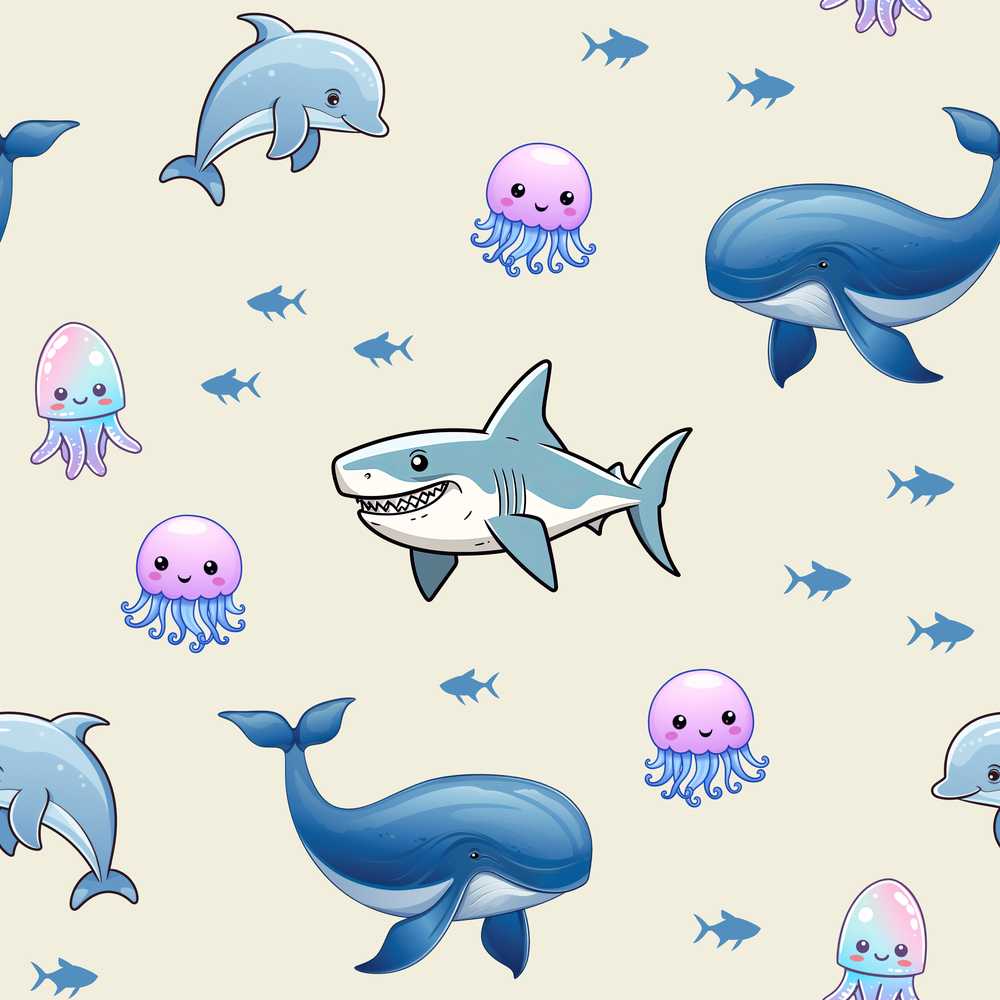 Cute Dolphin Shark and Jellyfish Ocean Animals Neutral Beige Background