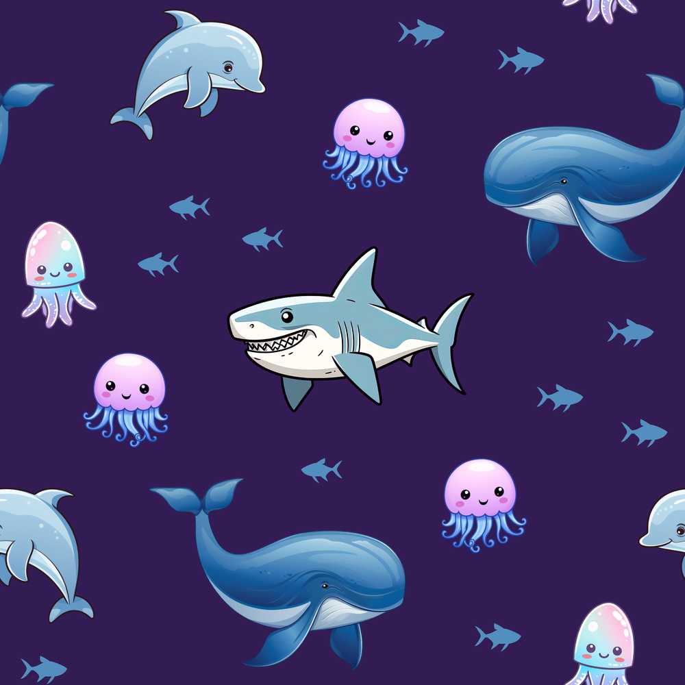 Cute Dolphin Shark and Jellyfish Ocean Animals Purple Background